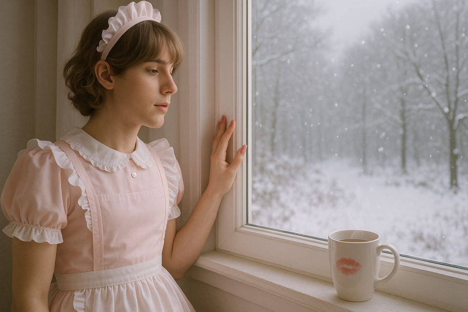 Feminized sissy in a pink maid dress gazing wistfully out a snowy window, with a lipstick-marked coffee mug steaming on the windowsill.