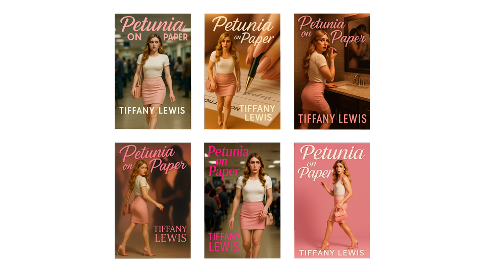 Collage of six potential book covers for Tiffany Lewis's feminization erotica story Petunia on Paper, each showing a feminized sissy in a pink skirt and white top.