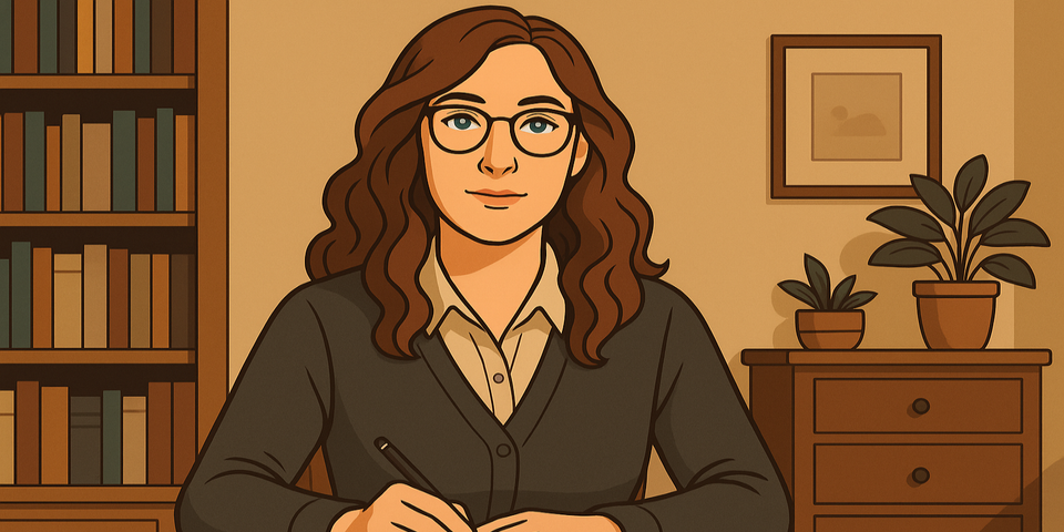 Cartoon portrait of Tiffany Lewis, a brunette sissy with glasses, seated at a writing desk surrounded by books and plants.