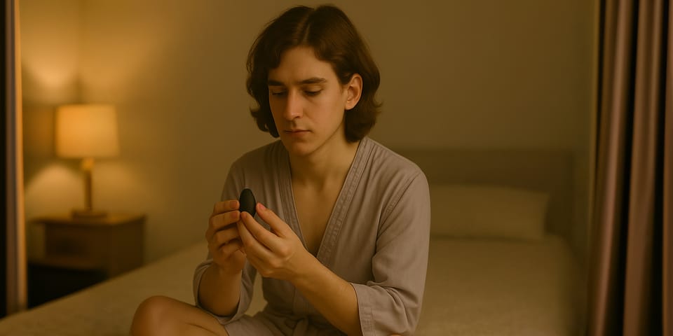 Feminine, soft-featured person in a robe sitting on a bed, quietly examining a small black butt plug in warm lamplight—suggesting curiosity, submission, and first-time exploration.