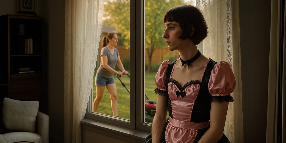 Feminized sissy in a satin maid dress stares out a window while a casually dressed woman mows the lawn outside—symbolizing power exchange and domestic submission in an FLR.