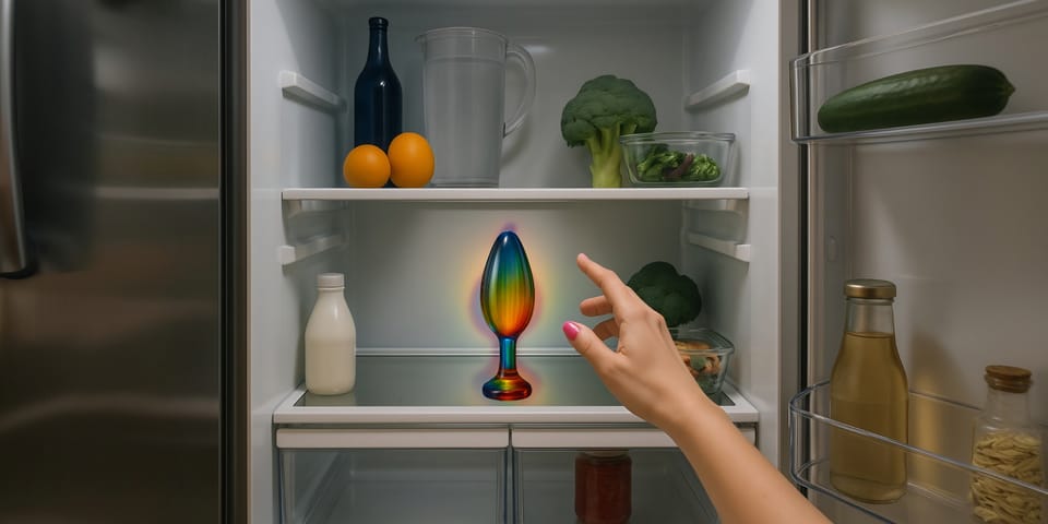 Hand reaching into refrigerator toward a colorful glass butt plug for temperature play.