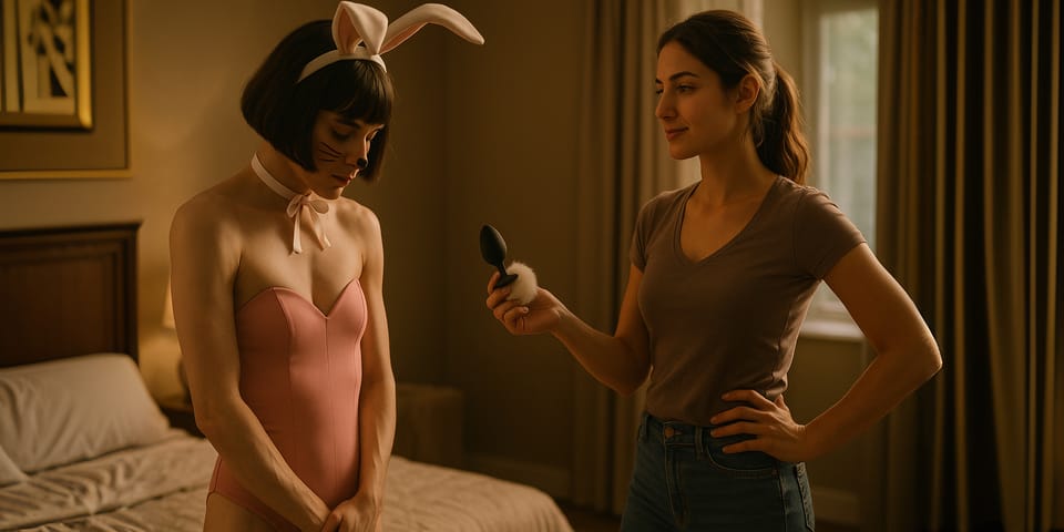 A submissive sissy in soft bunny cosplay looks shyly down as a confident woman calmly presents a white cotton tail butt plug, in a warmly lit bedroom.