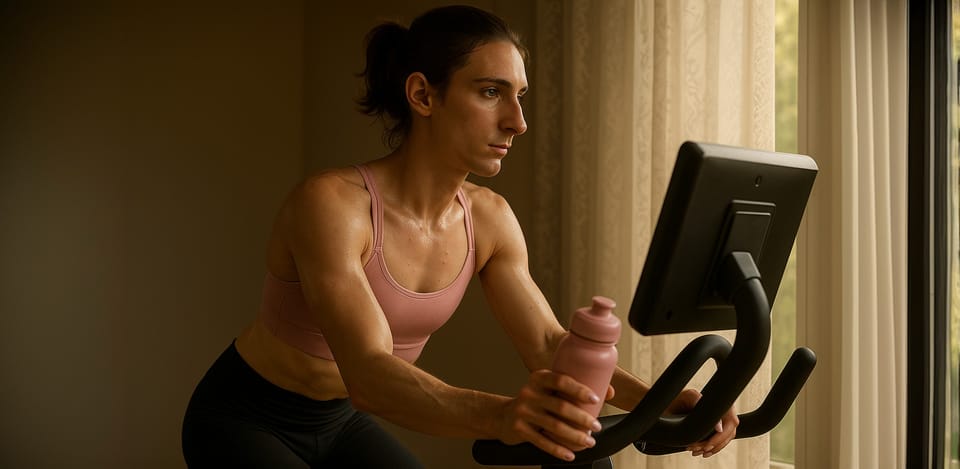 Androgynous person in a pink sports bra riding a stationary bike at home, sweating and focused on the workout, holding a pink water bottle. Feminine sissy fitness lifestyle exercise.