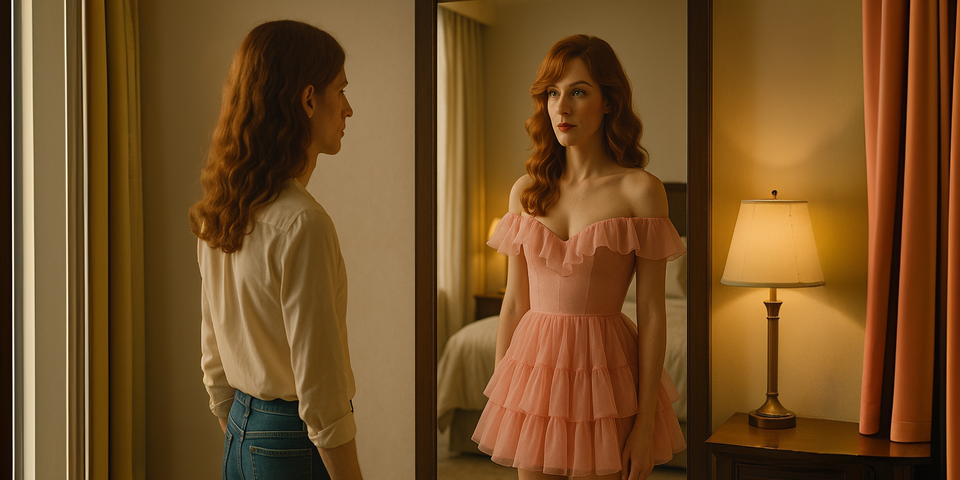 Androgynous person in jeans and shirt gazing at their reflection in a mirror, where they appear transformed in a pink frilly dress.