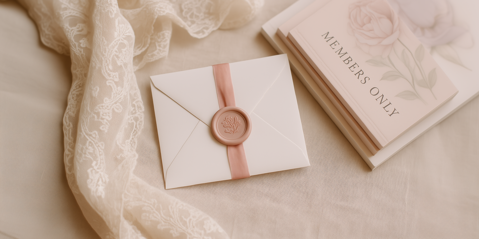 Elegantly sealed envelope with pink wax ribbon and stack of blush membership cards set on a lace and satin background.
