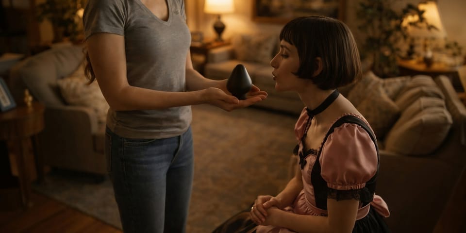 A submissive sissy kneels in a pink maid dress while a dominant woman presents a butt plug as part of a ritual of devotion.