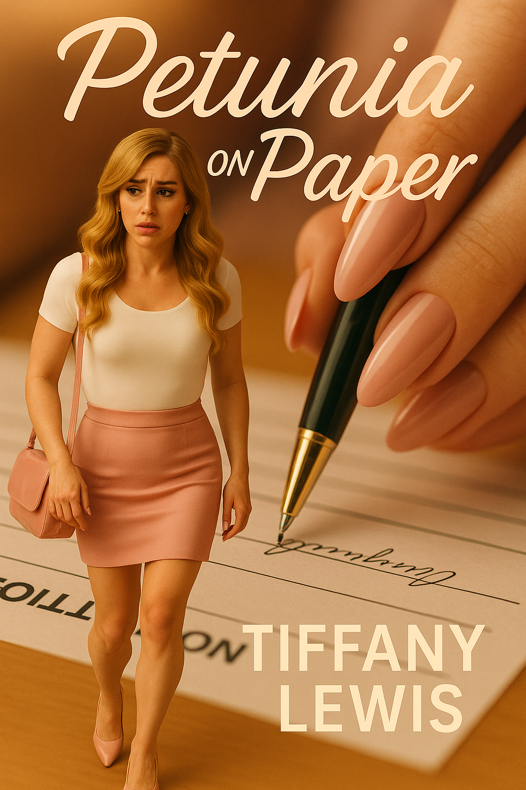 Cover image for Petunia on Paper Part Three showing a woman in a pink skirt beside a close-up of a hand signing a document with a pen.
