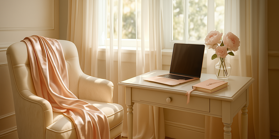 Softly lit feminine writing nook with a cream chair draped in pink satin, a white desk with a laptop, flowers, and a notebook by a sunlit window.