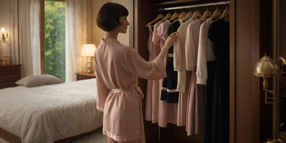 A softly feminine sissy with a short dark bob looks through dresses and blouses in a warm bedroom wardrobe, as if deciding who to be.